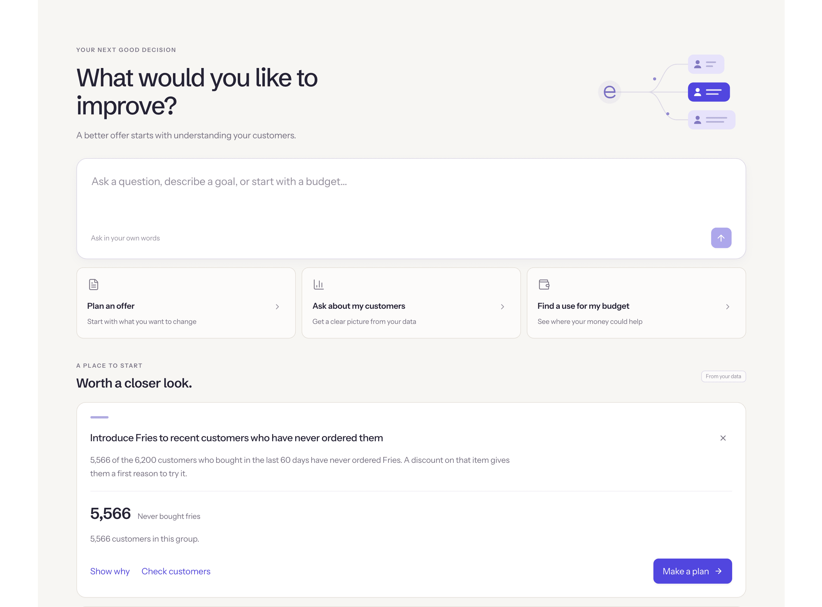 Emli's starting screen, with a place to describe a goal and an opportunity to introduce a product to customers who have never tried it.